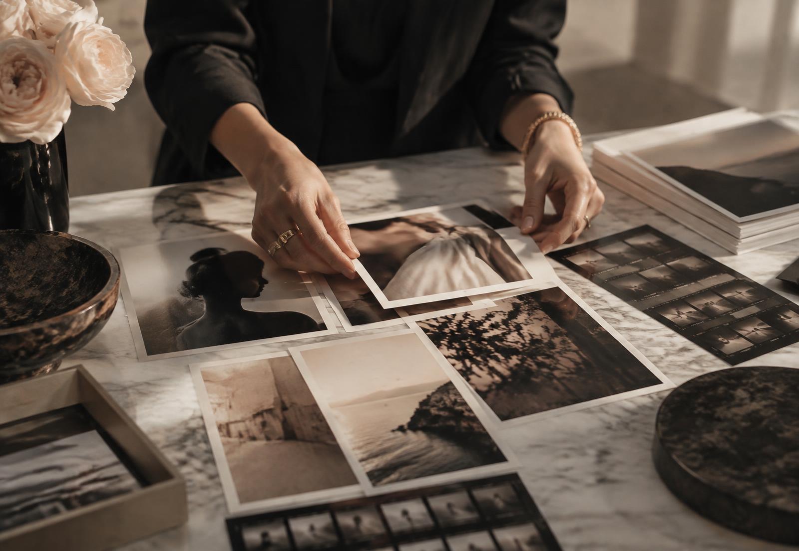 Creative direction laid out by hand on a marble table